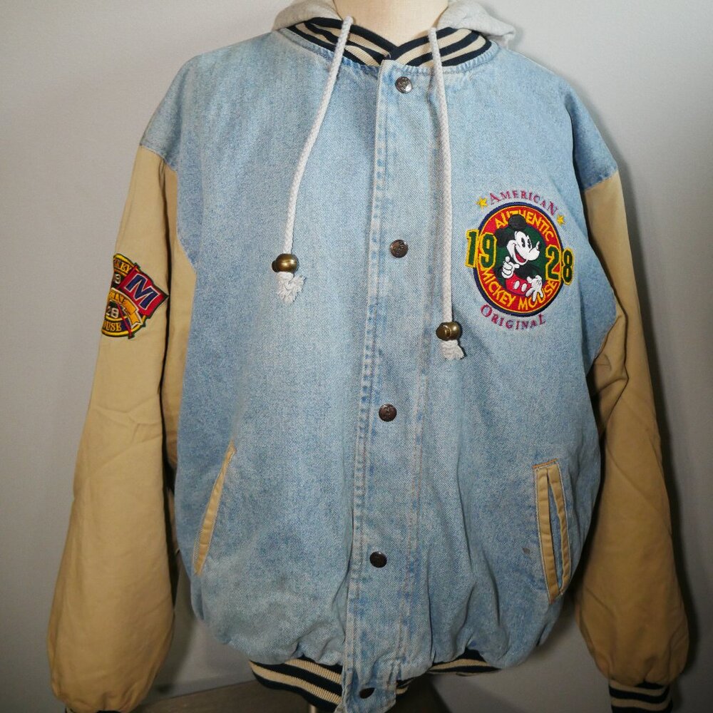 Vtg Disney 1928 Authentic Mickey Mouse Denim Jacket American Original Hood Sz L